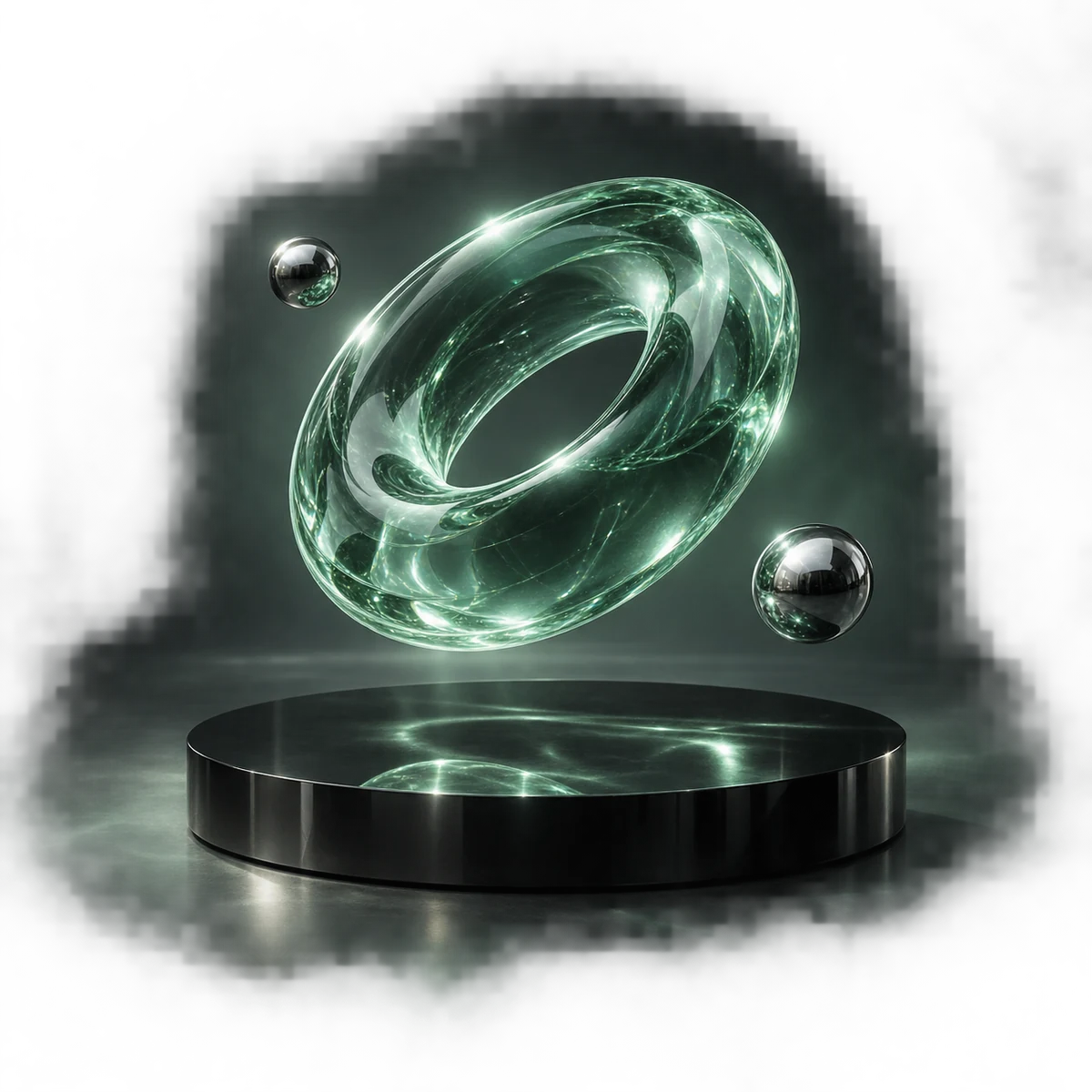 A floating glass ring in studio light