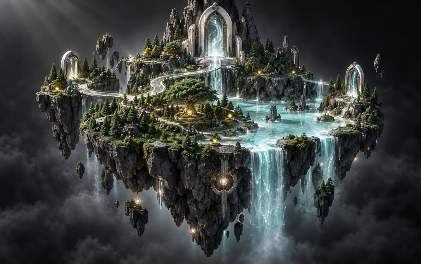 A floating game world with an emerald forest, glowing portals and waterfalls